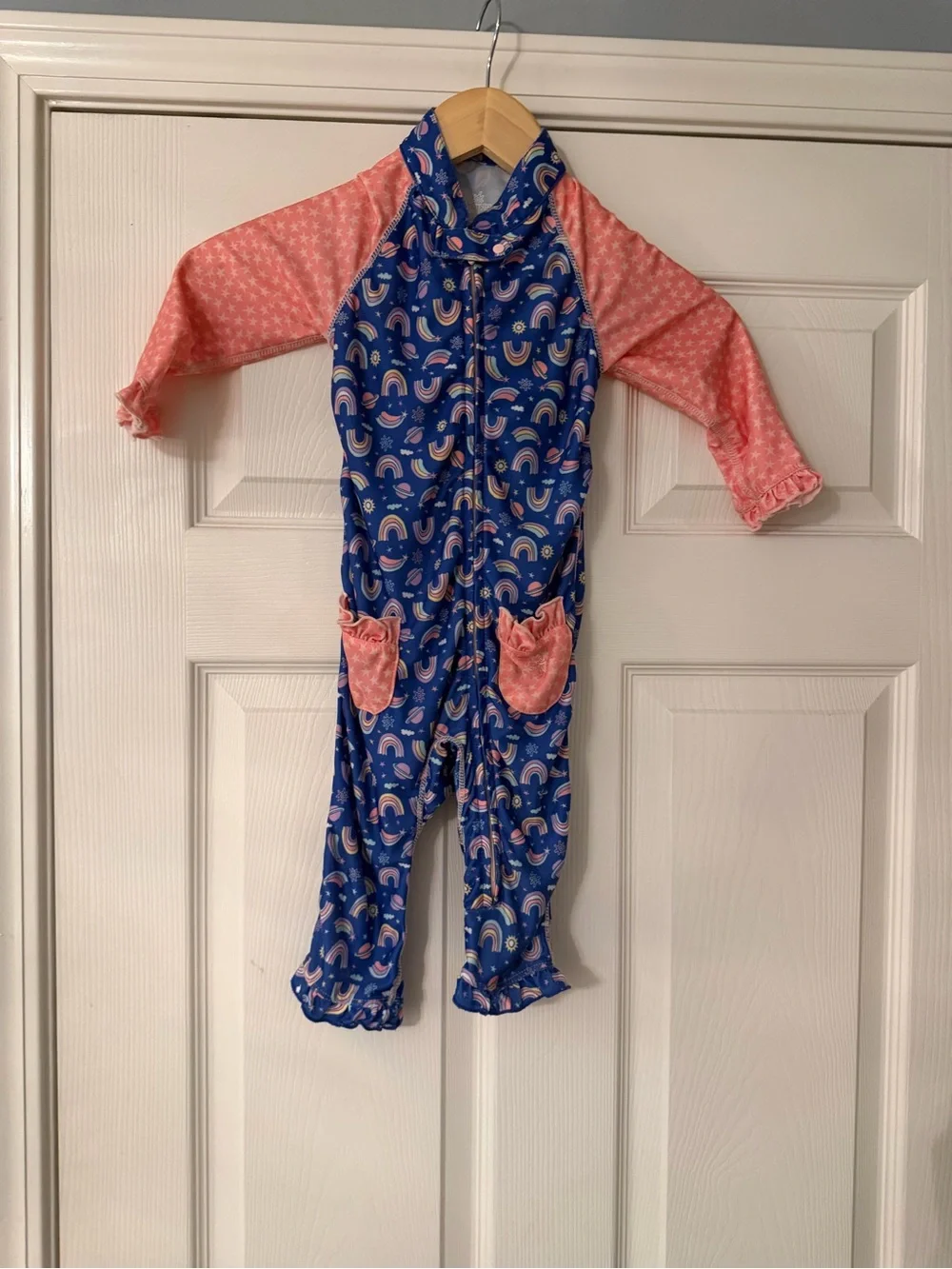 Girls Blue & Pink Rainbow Zip-One Swim Rashguard Long Sleeve Long Pants Ruffle